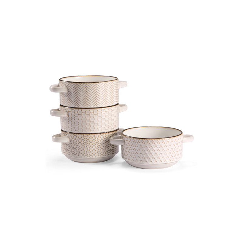 Red Barrel StudioÂ® Soup Bowls with Handles, 26.5 oz, Set of 4, Cream/Copper, Narbonne Collection