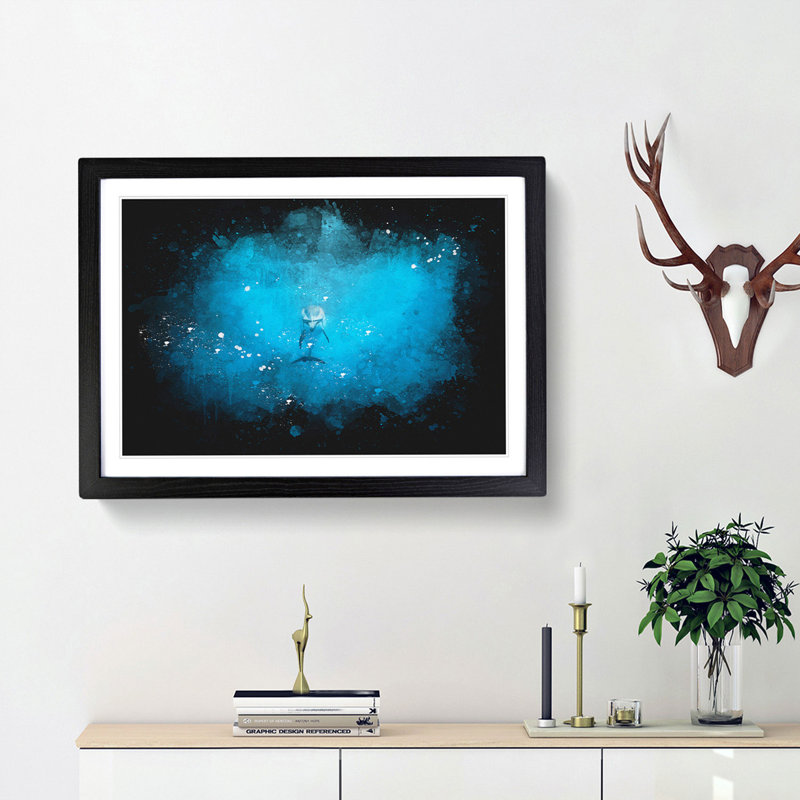 Lone Dolphin Paint Splash - Picture Frame Graphic Art, 33cm H x 45cm W x 2cm D, Black Framed