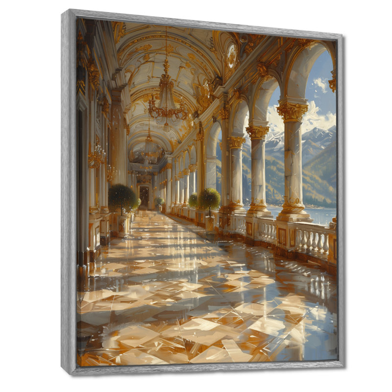 Or gris, été, Renaissance française, château, art mural, Toile argentée avec cadre flottant, H 20 po x l 12 po x P 1 po