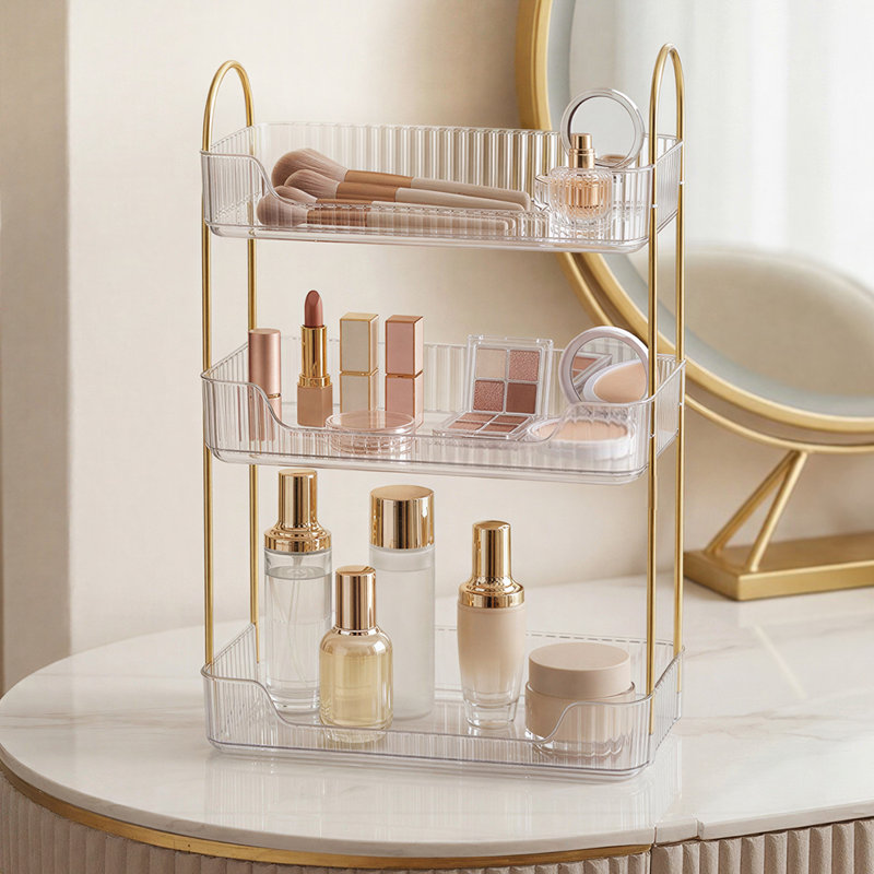  Makeup Organiser Modern Minimalist 3-Tier Cosmetic Storage Rack Beauty, Brushed Gold/Clear