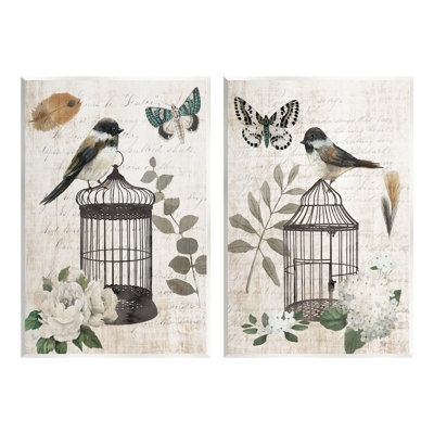 Cage à oiseaux rétro perchée "Timeless Cursive" par Nan - ensemble de 2 impressions non encadrées sur panneau de fibres à densité moyenne