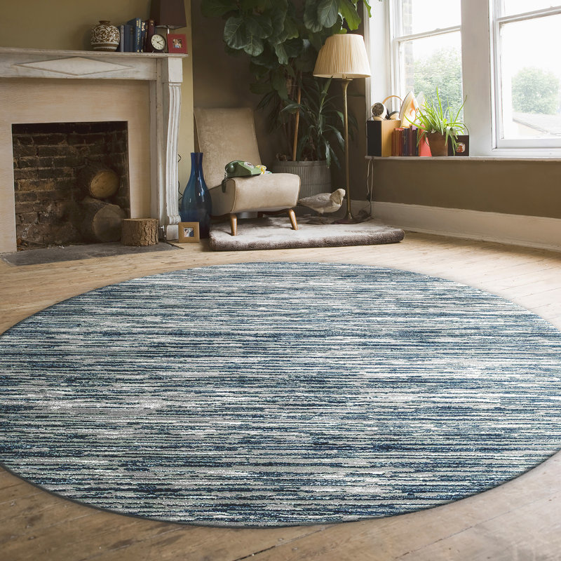 Davide 1228 Transitional Striated Blue Area Rug, Round 8'