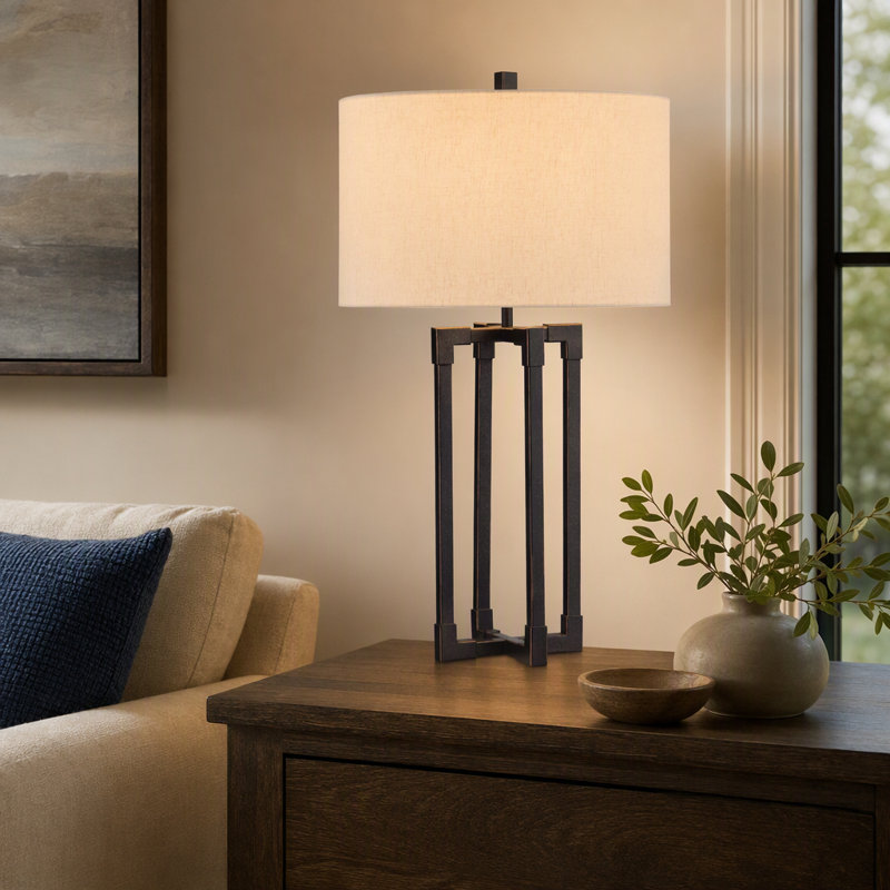 32" Bronze Textured Metal Table Lamp with Oatmeal Linen Drum Shade