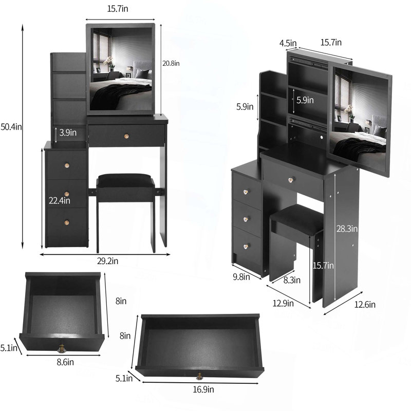 29.2" Small Space Left Bedside Cabinet Vanity Table + Cushioned Stool,Extra Large Right Sliding Mirror,Multi Layer High Capacity Storage,Practical Fashionable Dresser,Suitable for Small Space