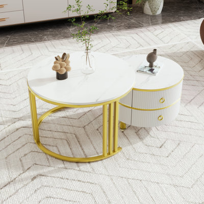 Round Nesting Coffee Table Set 2 Drawers Marble Effect Gloss Top Metal Legs Side End Units Living Room Furniture Base, White