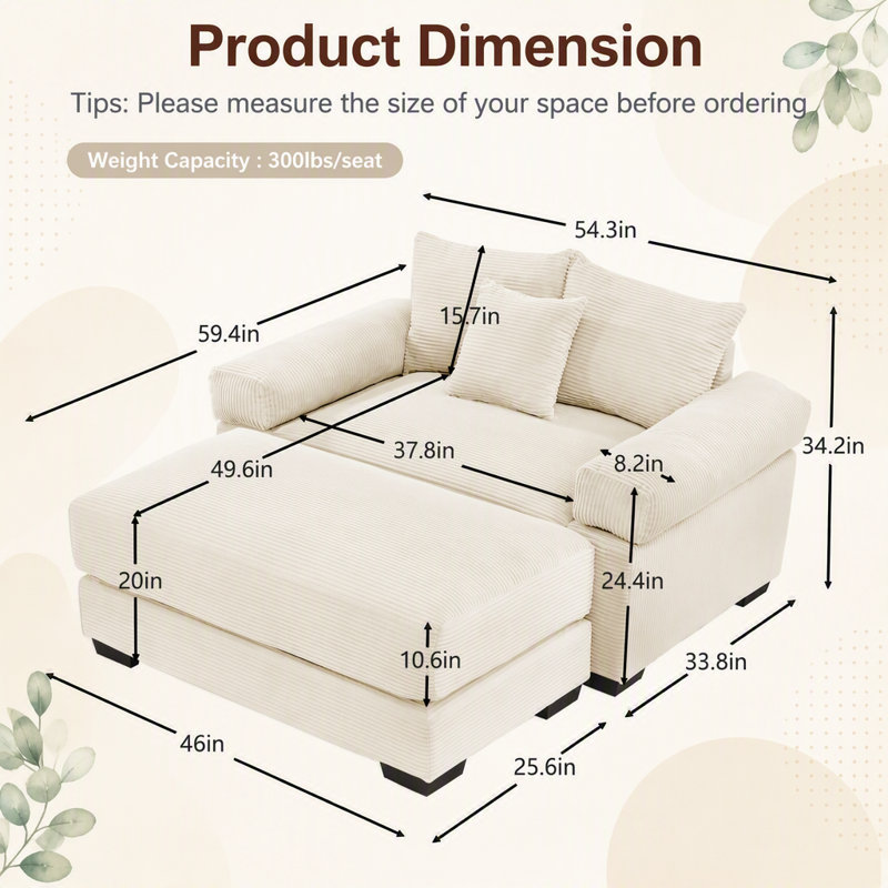 Canapé modulaire surdimensionné 54,3 po Cloud, Cream Corduroy