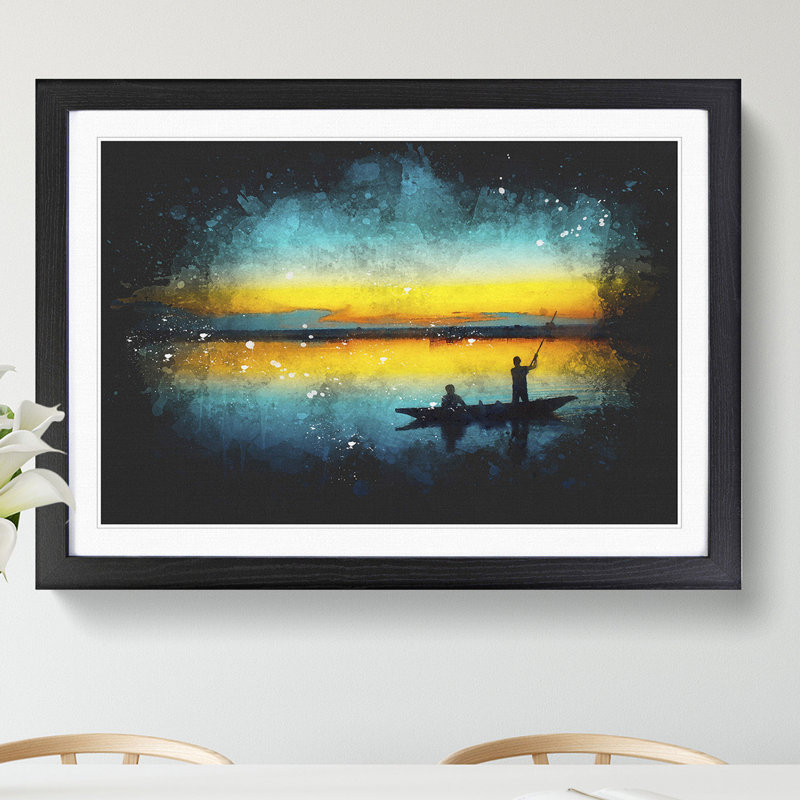 Boat Under the Sunset Vol.1 Paint Splash - Picture Frame Graphic Art, 36cm H x 48cm W x 2cm D, Black