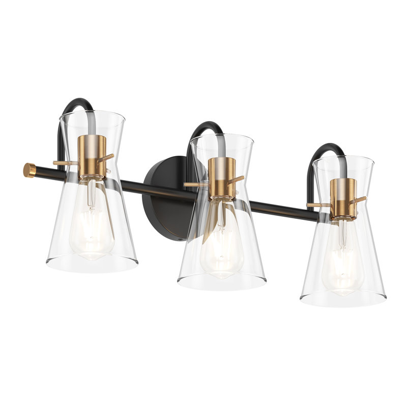 Black & Brass Vanity Light with Glass Shade, Dimmable, E26 Base – UL Certified, 9.45" H x 21.85"W x 6.89"D, 3 Lights