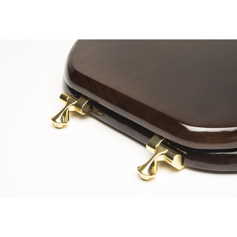 Round Toilet Seat and Lid, Dark Brown Oak, Polished Brass