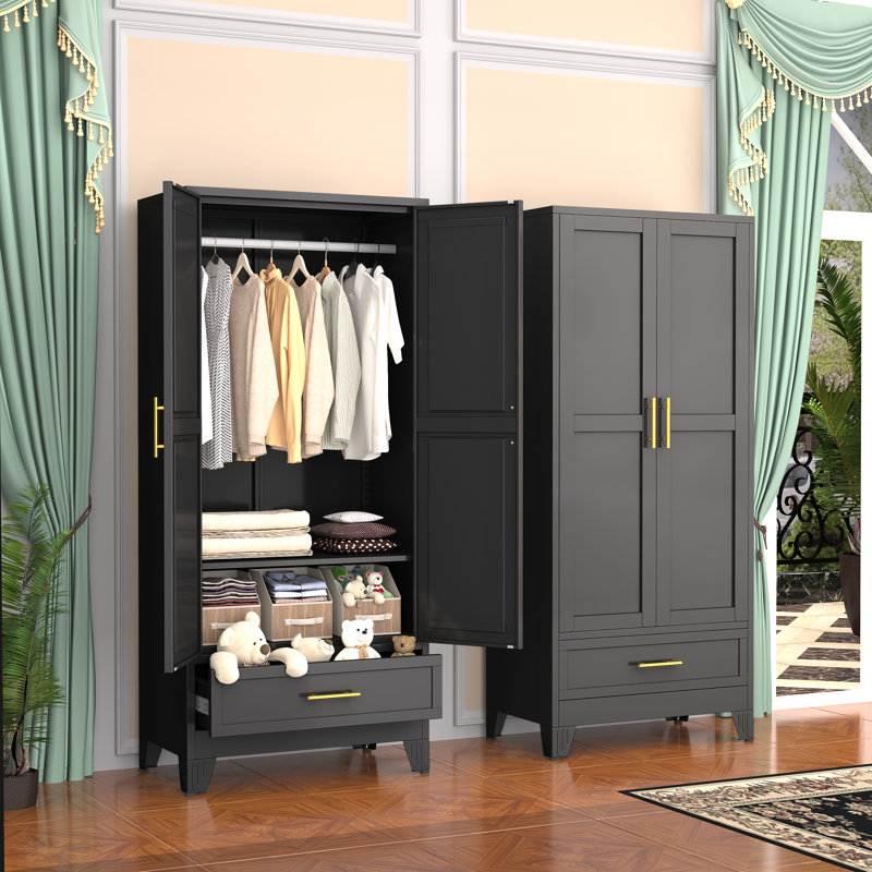 Armoire à vêtements moderne autoportante en métal Aromire avec un tiroir et une tringle à vêtements, Noir, noir, noir, noir