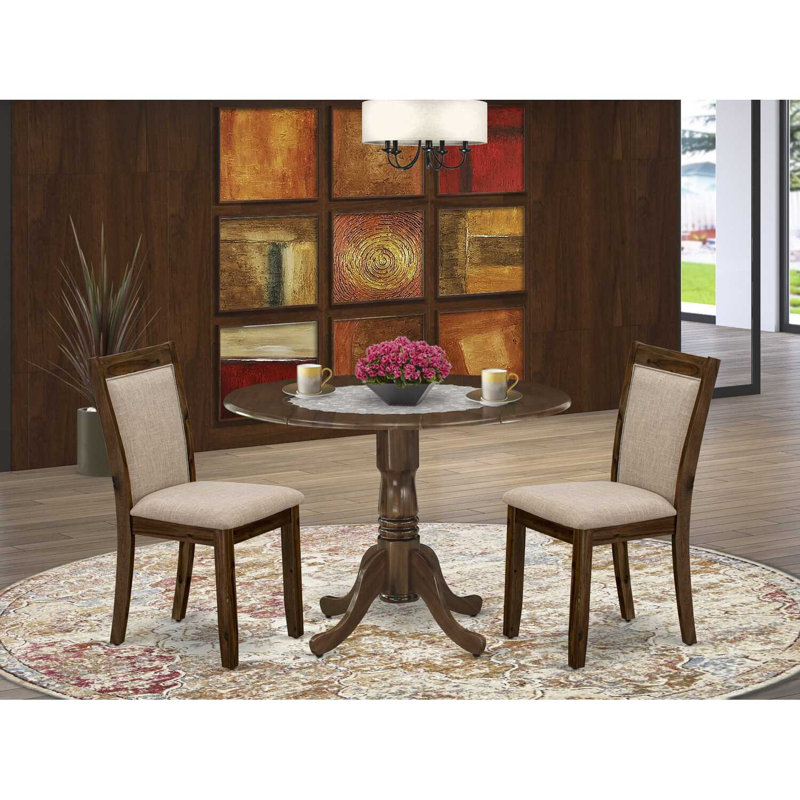 Ensemble de salle à manger 3 pièces pour petits espaces comprenant une table de salle à manger ronde avec Dropleaf et 2 chaises Parsons en tissu brun clair clair, 42 x 42 pouces, noyer naturel