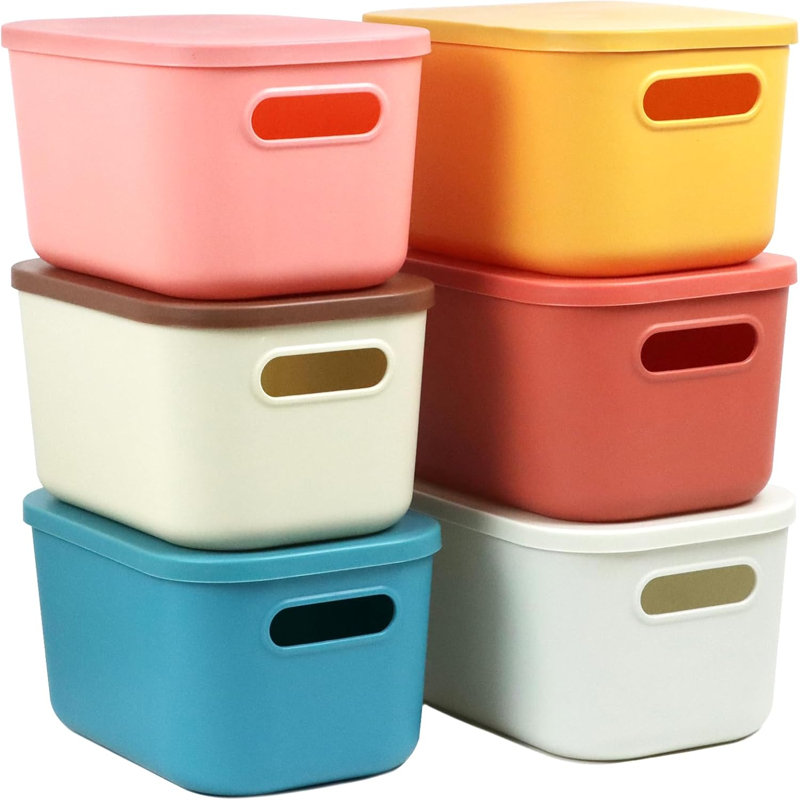 Ensemble de 6 petits bacs de rangement avec couvercles, boîtes de rangement empilables en plastique pour organiser vos affaires, paniers d'étagère (6 couleurs, petit format)