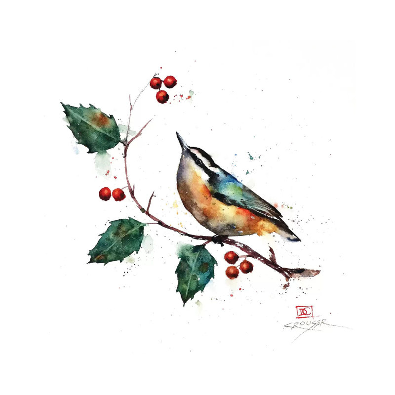 «Nuthatch and Holly» par Dean Crouser, reproduction d'art sur toile tendue, H 12 po x l 12 po x P 0,75 po
