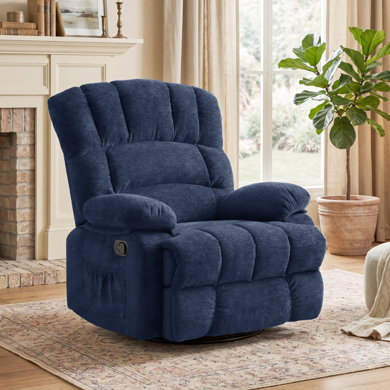 Breasha 39.7" Wide Manual Upholstered Swivel Rocker Recliner, Blue Polyester
