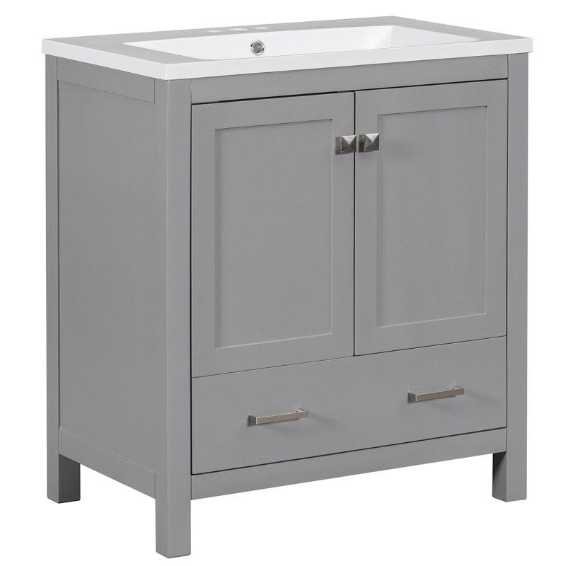 Huckeba 30'' Free Standing Single Bathroom Vanity with Ceramic Top, Gray