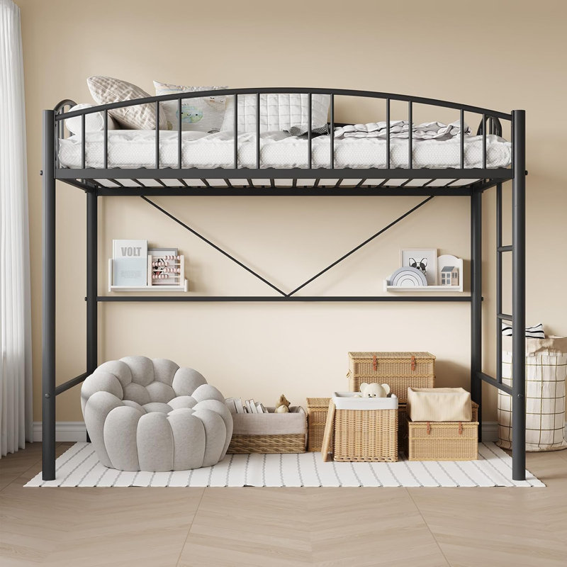 Loft Bed Twin Size with Ladder and High-Arched Guardrail, Sturdy Metal Slats, Space-Saving Design, Modern Decor Style, Easy Assembly