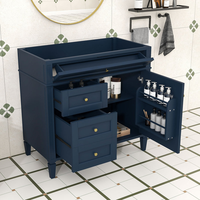 Bathroom Vanity without Top Sink, Bathroom Storage Cabinet with 2 Drawers and a Tip-out Drawer, Blue, Gold