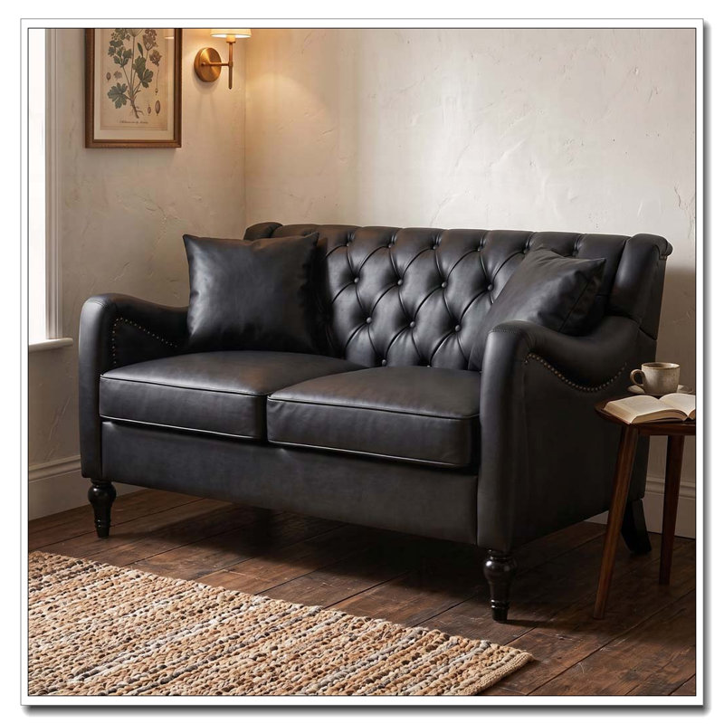 Sofa deux places en similicuir avec dossier capitonné et garniture cloutée, 2 places, Similicuir noir