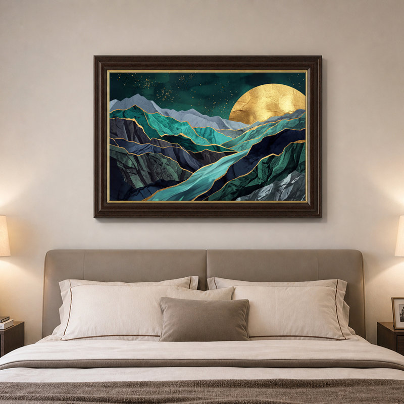 Art abstrait sur toile abstrait bleu sarcelle et montagnes grises avec lune dorée, 16"H x 24"W