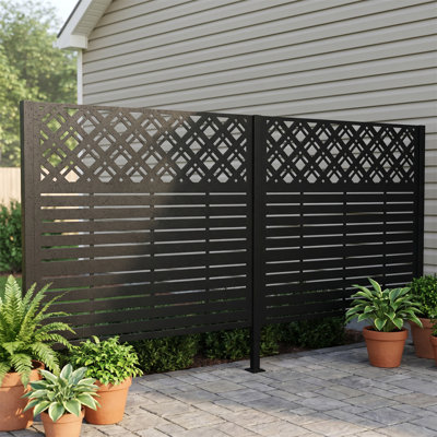 48" Metal Outdoor Privacy Fence, 2‑Panel Diamond Screen, Weather‑Resistant Galvanized Steel, with Ground Stakes, Black