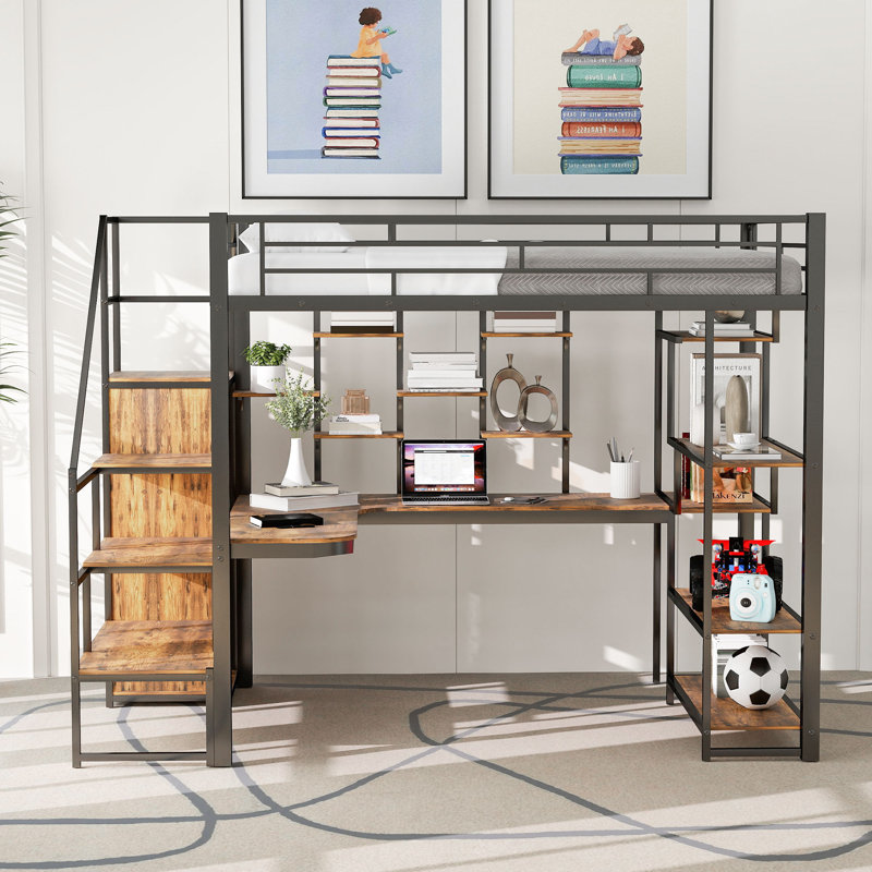 Lit mezzanine double en métal avec garde-robe, bureau et escalier de rangement, Noir