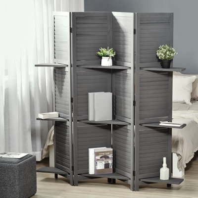 Paravent 4 pliant avec rangement, écran d'intimité gris de 5,6 pi pour chambre / bureau, paravent de style rustique, bureau de chambre à coucher avec tablettes, aspect bois