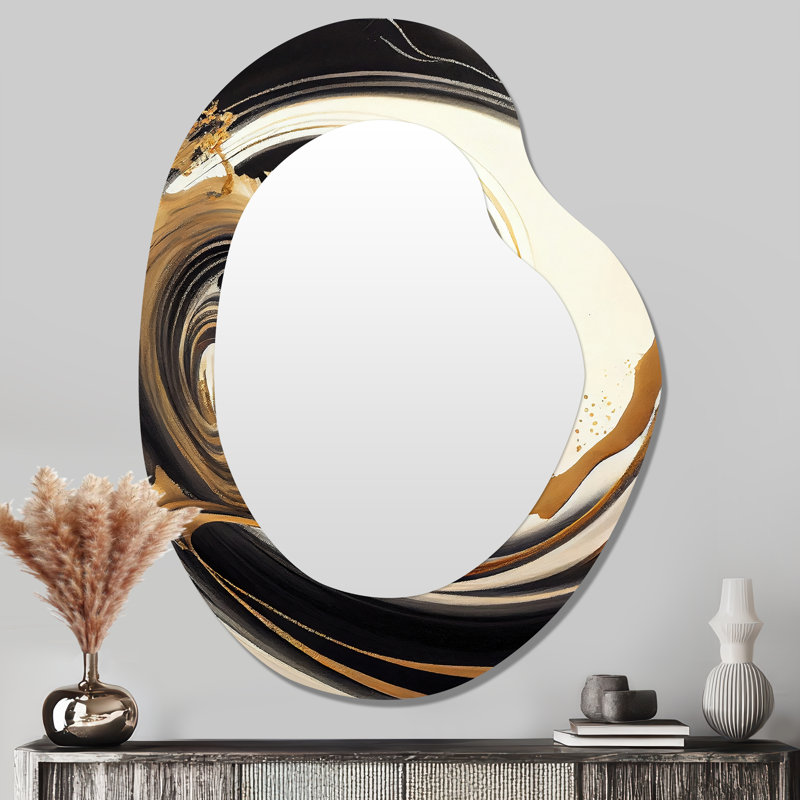 Tourbillon noir et or V - formes asymétriques spirales abstraites - grand miroir mural moderne