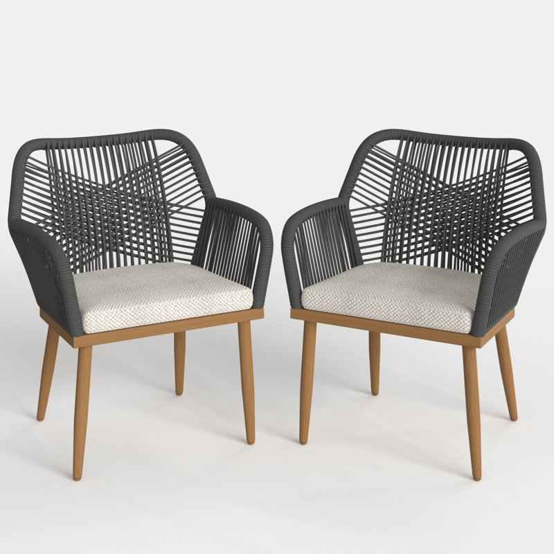 Outdoor Patio Dining Armchair with Cushion, Beige Cushion/Brown Wood Frame