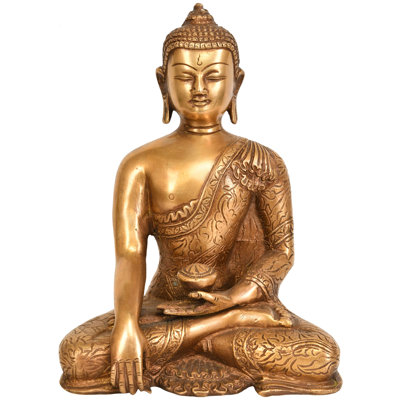 8" Bhumisparsha Buddha with Floral Robe Brass Statue - Handcrafted Indian Buddhist Sculpture for Meditation Decor