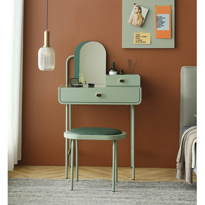 Ensemble de coiffeuse minimaliste au fini vert sauge et tabouret rembourré