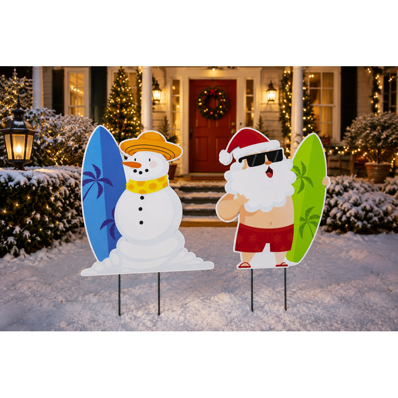 Panneaux de jardin sur le thème du surf côtier avec le père Noël et le bonhomme de neige