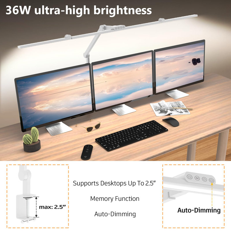 36W Ultra Bright Architect Desk Lamp With Clamp, Tall Overhead Rotatable Led Desk Light For Home Office, 47Inch Long Adjustable Monitor Light Bar With Remote For Computer Screen Desktop Table