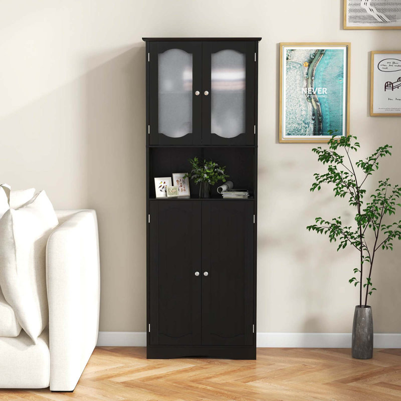 64.5" Tall Bathroom Cabinet With Tempered Glass Doors Adjustable Shelves, Black
