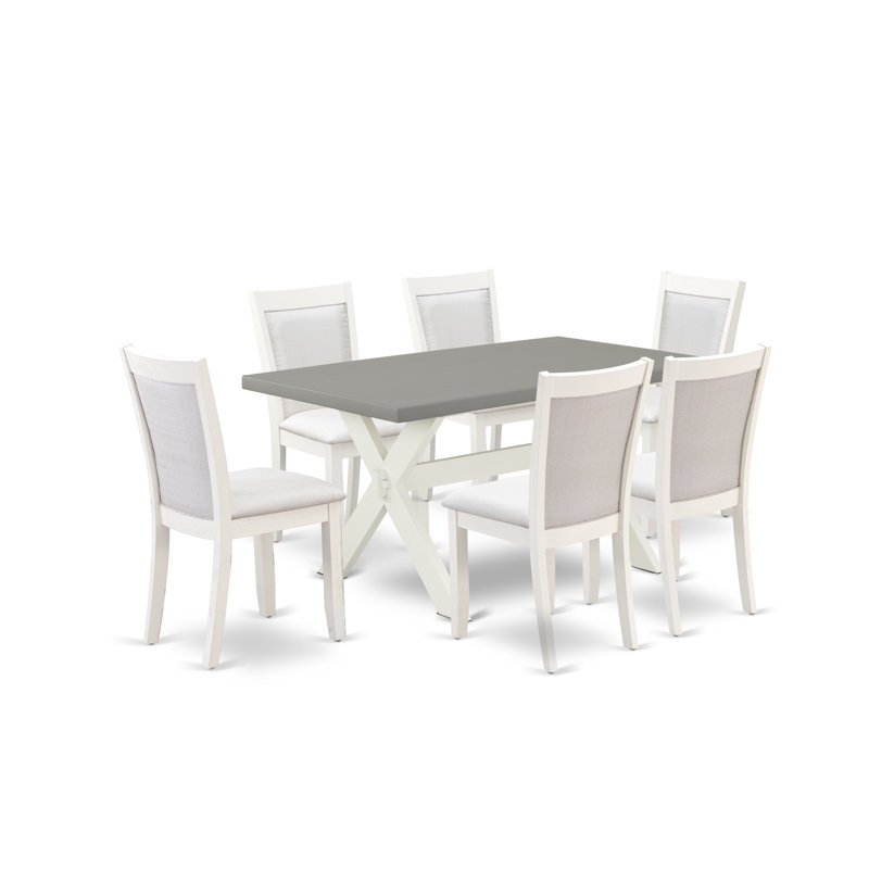 Modern Dining Table Set - a Dining Room Table and Linen Fabric Dinner Chairs with Stylish Back, Cream, 7