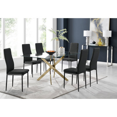 Lenworth Modern Chrome Metal and Glass Dining Table Set with 6 Luxury Faux Leather Dining Chairs