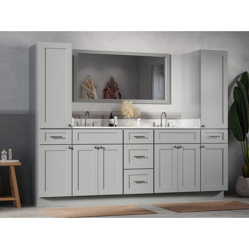 Ensemble de meuble-lavabo double autoportant 93 po avec comptoir en quartz de Carrare, ensemble de 5 pièces et armoires en lin