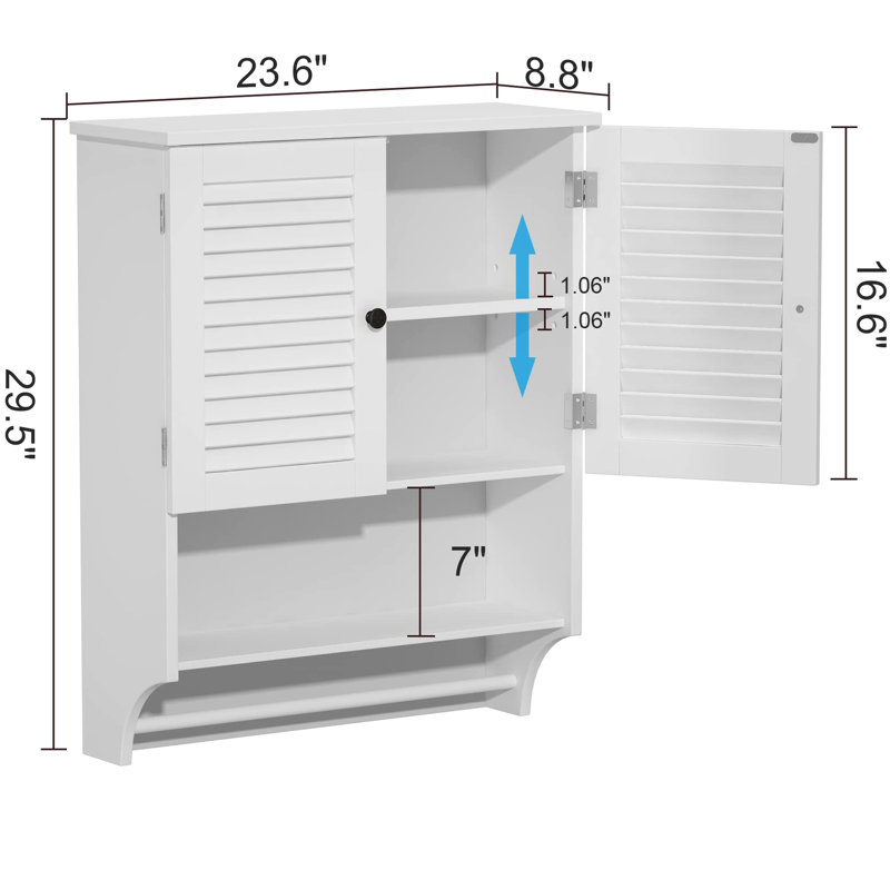 Armoire de salle de bain blanche avec portes à persiennes, tablettes réglables pour les articles de toilette et la literie, barre à serviettes à tablette ouverte, fabriquée à partir d'une utilisation humide de haute qualité, étagère élégante à trois niveaux de 23,49 po de profondeur faite de