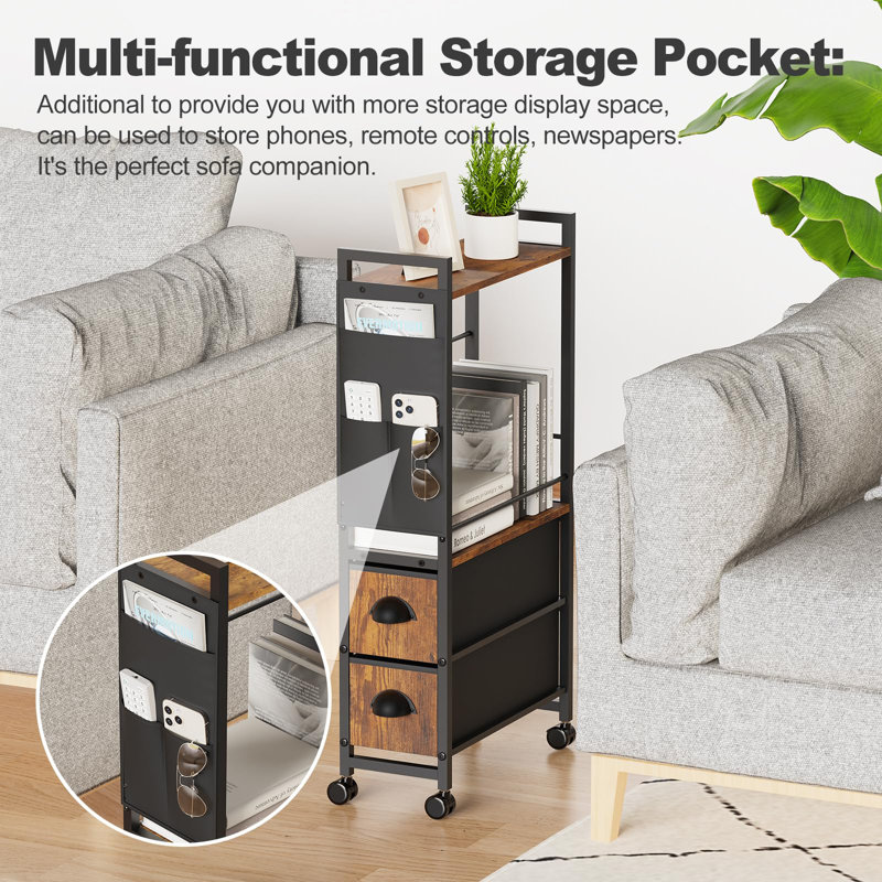 Rustic Narrow Side Table With 5 Storage Units, Slim Nightstand With Drawers, Shelves, And Pocket For Bedside Or Sofa, 7''D X 17''W X 35''H