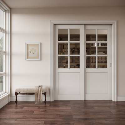 Interior 6‑Lite Clear Glass Door, CARB P2 MDF & SGCC Tempered Glass Bypass Pocket Doors, with Strengthen Solid Frame & Privacy Silver Pocket Lock & Hardware Kit, Pre‑Finished & Waterproof, for Pantry, Bedroom & Closet, Easy DIY Stain, 48"x 80"