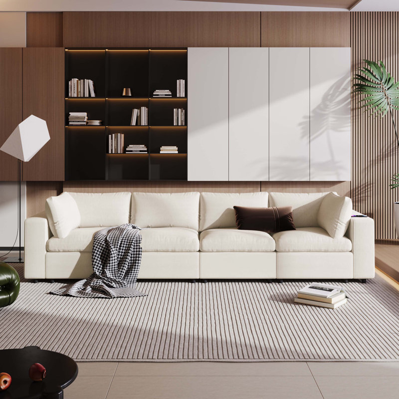 U-style Upholstered Modular Sofa with  with Storage Space, USB Charge Ports,Wireless Charging, Beige Polyester