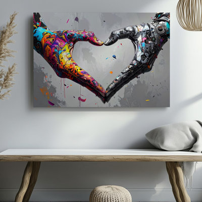 Contrasting Love Canvasabstract Hands Forming Heart With Graffiti And Mechanic Wall Art Canvas Ready To Hang Gallery Wrapped Home Decor