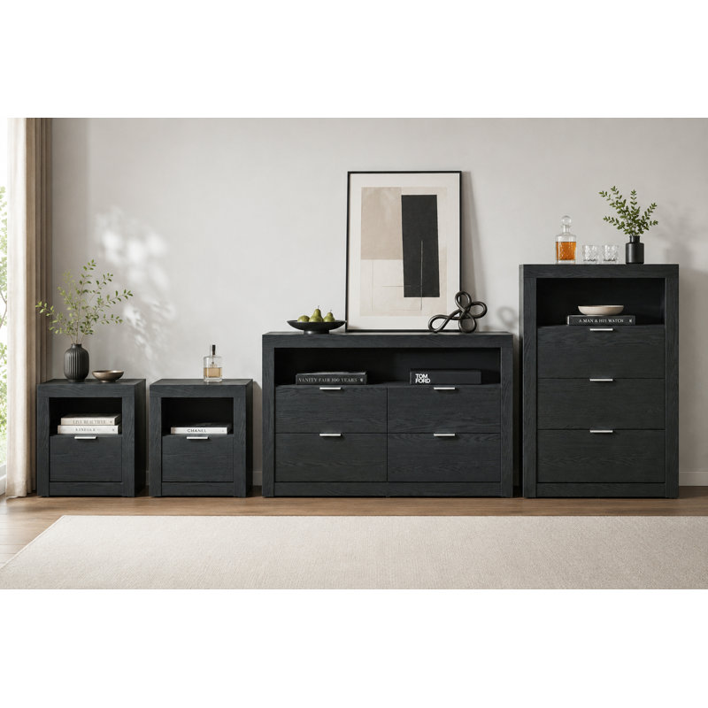 4-Pieces Bedroom Sets, 4 Pcs: 2 Nightstands, Chest, Dressers, Black