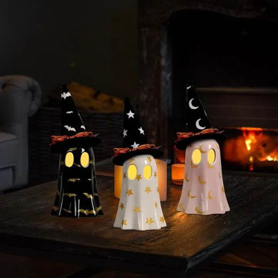 Décorations d'Halloween pour l'intérieur, ensemble de 3 fantômes en céramique avec chapeaux de sorcière, figurines de fantômes d'Halloween effrayantes pour décor de cheminée, de tablette et de table