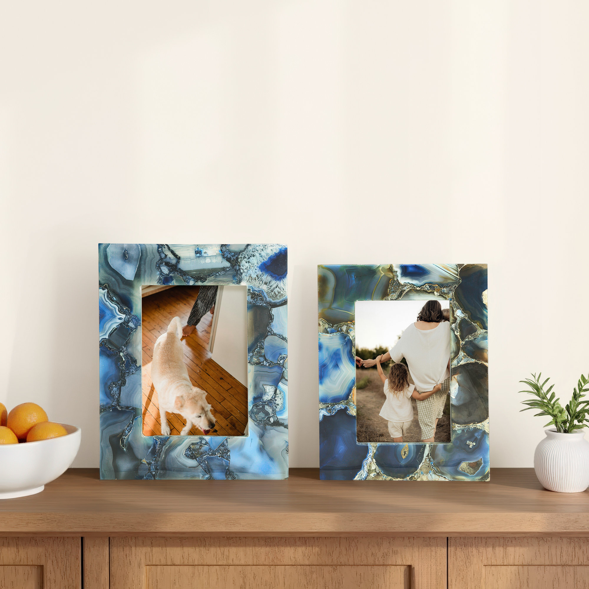 Set Of 2 Blue Agate Photo Frame, Blue