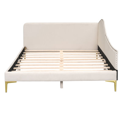 Full Size Upholstered Daybed with Headboard and Armrest, Support Legs, Beige