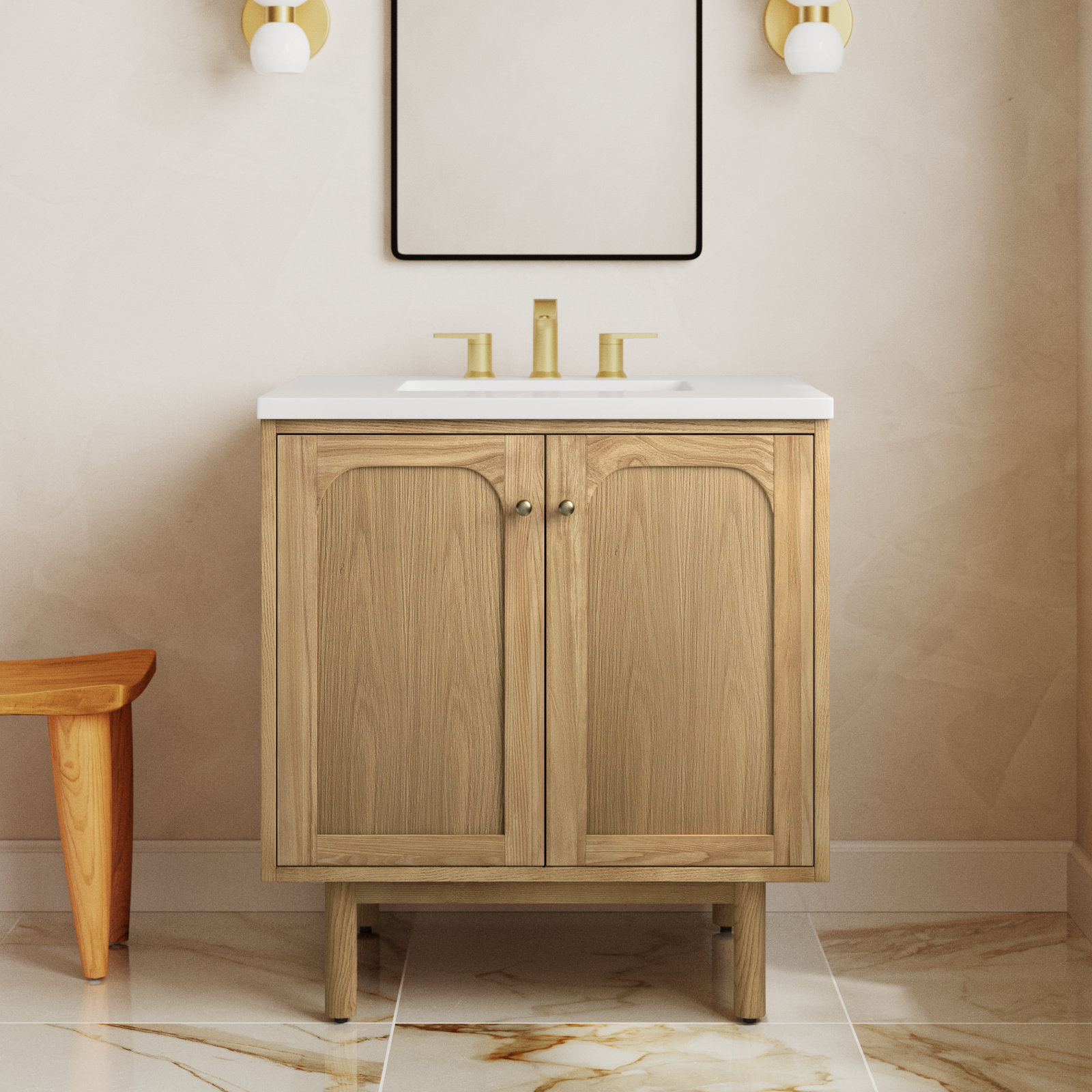 Laurent 30'' Single Bathroom Vanity, White Zeus, 8" Widespread, Light Natural Oak