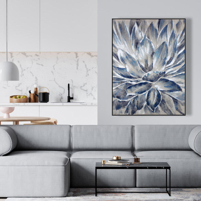 Fleur bleue et grise - Toile encadrée botanique contemporaine, H 49,25 po x l 37,25 po