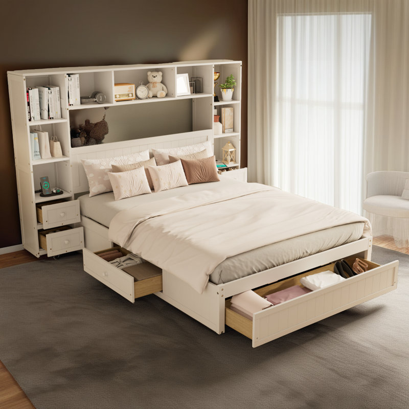 Lit plateforme multifonctionnel USB avec grande bibliothèque de rangement et table de chevet, Lit double