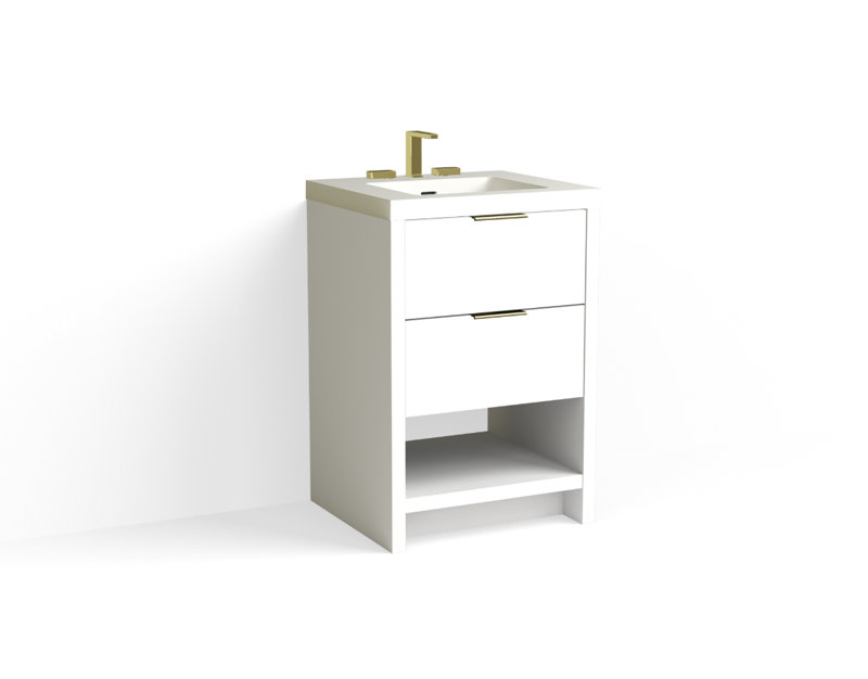 Vue 24" W Freestanding Single Bathroom Vanity, Matte White/8" Widespread, White Nanomatte, Satin Brass