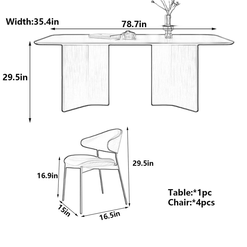 Table de salle à manger moderne en ardoise noire élégante, H 29,5 po x L 78,7 po x l 35,4 po